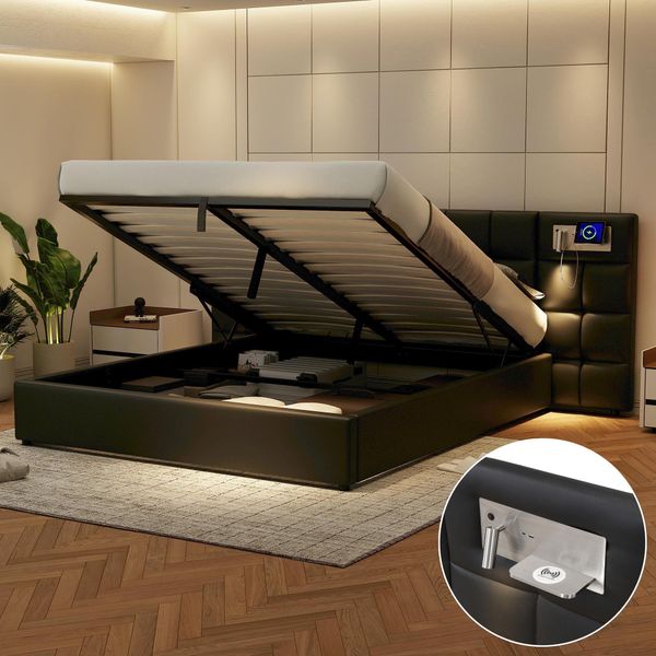 Letto Imbottito Abrihome 180X200Cm Con Usb E Led, Letto Idraulico Matrimoniale Con Rete A Doghe E Contenitore, Pu, Nero-image