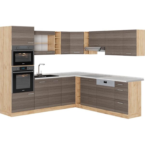 Vicco Cucina Angolare Completa R-Line, 237 X 247 Cm , Pl Marmo, Grigio Nobile/Rovere Dorato-image