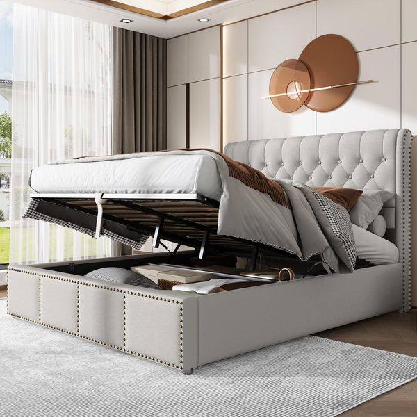 Letto Imbottito Flieks 140X190Cm Con Rete A Doghe, Letto A Molle Idrauliche Con Contenitore E Testata, Letto Contenitore Funzionale Letto Matrimoniale Biancheria Beige-image