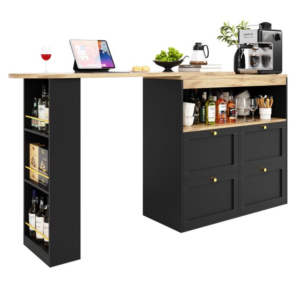 Abrihome Tavolo Da Sala Da Pranzo Girevole A 360° Tavolo Da Bar Con 4 Cassetti E Spazio Di Archiviazione Aperto, Allungabile Con Armadio, Nero-image