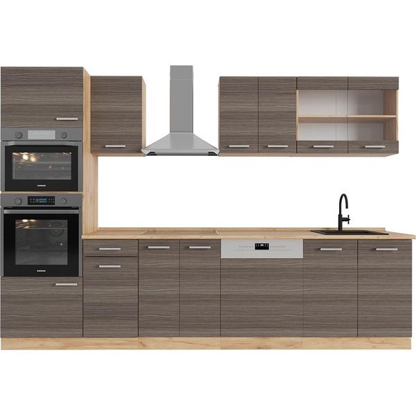 Vicco Cucina Componibile R-Line, 300 Cm Con Armadio Alto, Pl Rovere, Grigio Nobile/Rovere Dorato-image