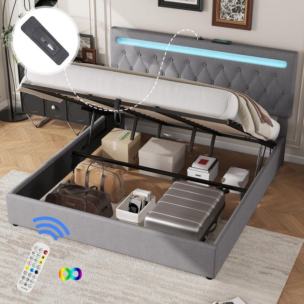 Letto Imbottito Abrihome 180X200Cm Con Usb E Luce Ambientale A Led, Letto A Molle Idrauliche Con Contenitore, Lino, Letto Matrimoniale Grigio-image