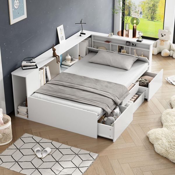 Letto Per Bambini Abrihome 90 X 200 Cm Con Cassetti, Libreria E Armadio, Rete Con Contenitore, Letto Singolo, Bianco-image