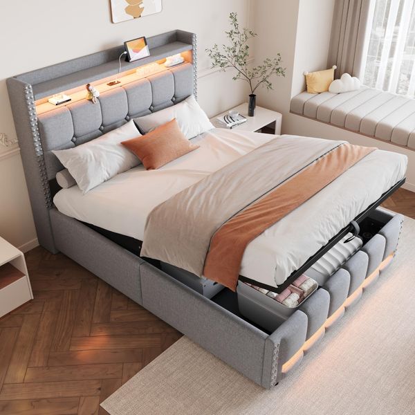 Letto Imbottito Abrihome 140X200Cm Matrimoniale Con Led E Presa Usb, Letto A Molle Idrauliche Con Rete A Doghe E Contenitore, Grigio-image