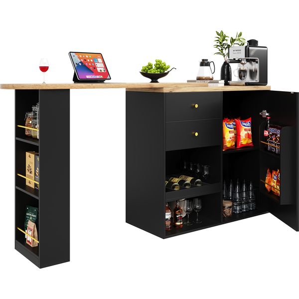 Abrihome Tavolo Da Bar Girevole A 360° Tavolo Da Sala Da Pranzo, Tavolo Da Bar Con 2 Cassetti E Armadietto, Nero-image