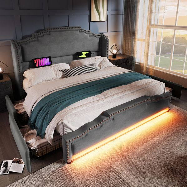 Letto Imbottito Abrihome 180X200Cm Con Led E Usb, Velluto - Letto Matrimoniale Con 4 Cassetti, Grigio-image