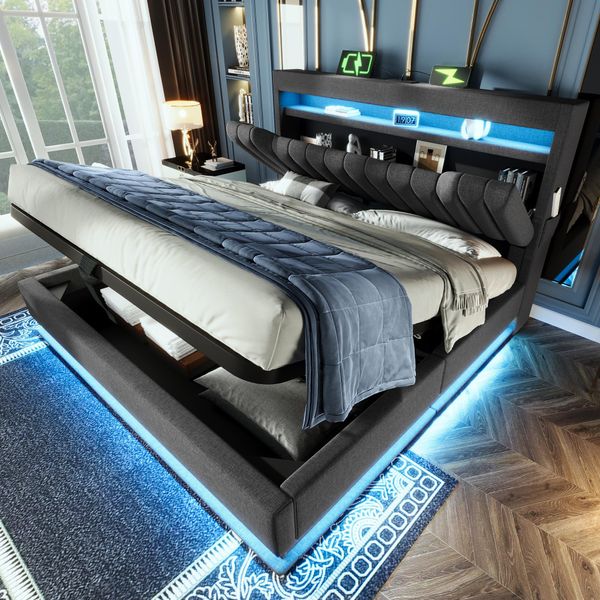 Letto Imbottito Flieks 180X200Cm Con Funzione Di Ricarica (Usb & Type-C), Letto Matrimoniale Per Ragazzi Con Led, Letto Contenitore Letto A Molle Con Spazio Di Archiviazione, Lino, Grigio-image