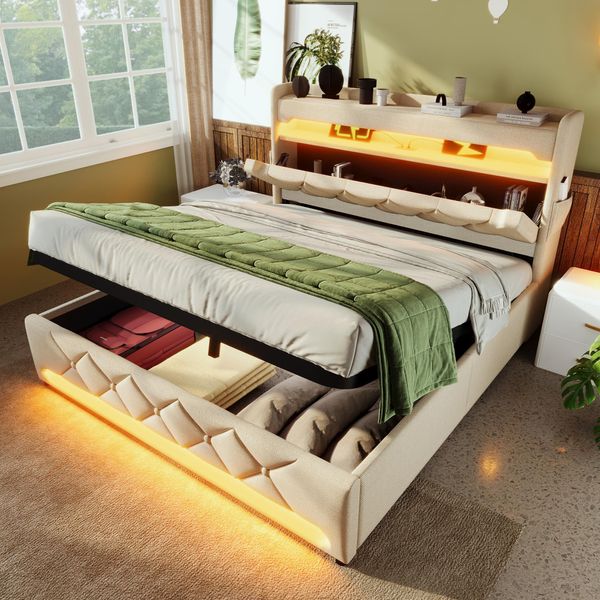 Letto Imbottito Flieks 160X200Cm Con Usb & Type-C, Letto A Molle Idrauliche Con Led, Letto Matrimoniale In Legno Con Testiera Contenitore, Biancheria-image