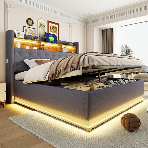 Letto Imbottito Flieks 180X200Cm Con Funzione Di Carico, Letto Matrimoniale A Molle Insacchettate Con Contenitore, Letto Per Ragazzi In Legno Con Led E Rete A Doghe, Lino, Grigio-image