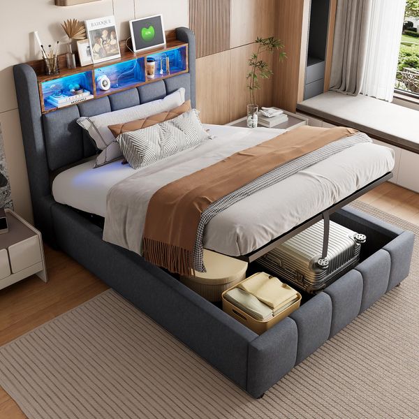 Letto Imbottito Flieks 90X200Cm Con Usb &Type-C, Letto A Molle Insacchettate Letto Contenitore Con Led E Testata Contenitore, Letto Singolo Letto Per Ragazzi, Biancheria, Grigio-image