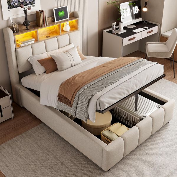 Letto Imbottito Flieks 90X200Cm Con Usb &Type-C, Letto A Molle Insacchettate Letto Contenitore Con Led E Testata Contenitore, Letto Singolo Letto Per Ragazzi, Biancheria, Beige-image