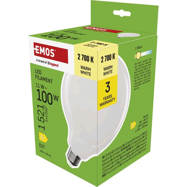 Emos Lampada Led Edison G125, 11W In Sostituzione Della Lampadina A Incandescenza Da 100W, Globo Lattiginoso Con Base E27 E Luminosità 1521 Lm, Bianco Caldo 2700 K-image