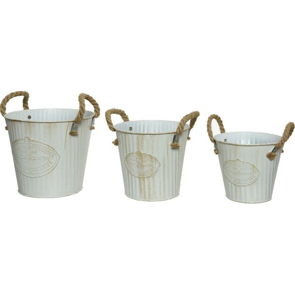 Vaso Da Fiori / Secchio Da Fioriera In Metallo 13-17Cm Bianco Set Di 3-image
