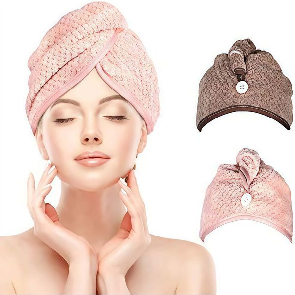 Turbante Per Capelli, Asciugamano Per Asciugare I Capelli A Turbante 2 Pezzi Con Bottone, Foulard Per Capelli Lunghi, Asciugamano In Microfibra Ad Asciugatura Rapida-image
