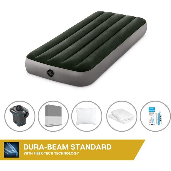 Letto Ad Aria Intex - 1 Persona - 76 X 191 X 25 Cm - Verde + Pompa Elettrica Intex - 650 Litri/Min + Lenzuola Antracite + Cuscino + Federe Molton 2 In 1 + Set Di Riparazione-image