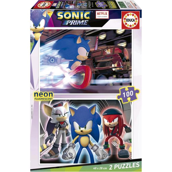 Educa - Sonic Prime Neon Set Di 2 Puzzle Con 100 Pezzi Fosforescenti. 40 X 28 Cm. +6 Anni (19629) Educa-image