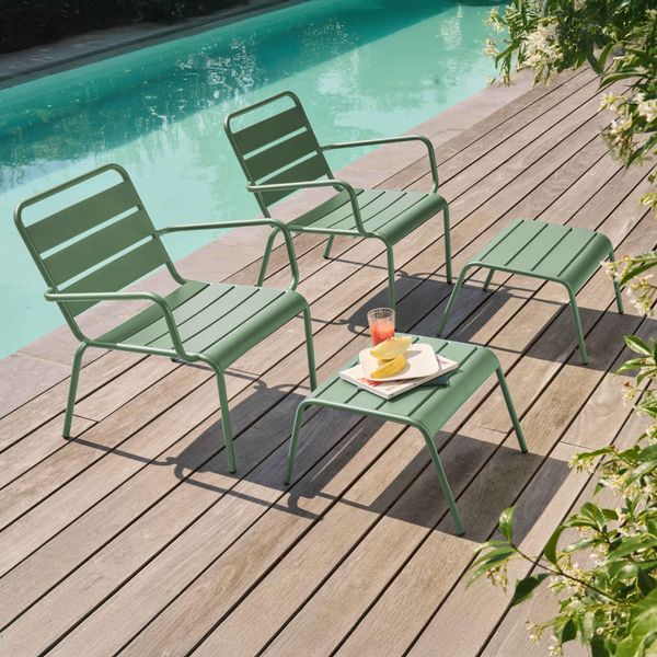 Set Di 2 Poltrone Relax Con Poggiapiedi In Metallo Verde Salvia - Oviala Palavas-image