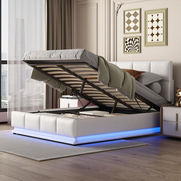Flieks Letto A Molle Idrauliche 140X200Cm Letto Imbottito Con Contenitore E Led, Letto Matrimoniale Con Rete A Doghe, Letto Contenitore Letto Per Ragazzi Bianco-image