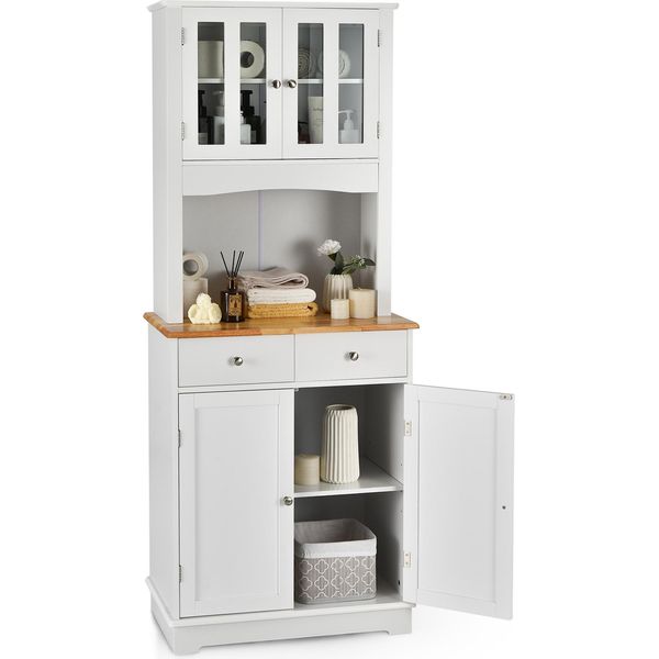 Costway Mobiletto Da Cucina 170 Cm, Mobile Alto Con 2 Cassetti E Ripiani Regolabili, Buffet Da Cucina Free-Standing In Legno Bianco-image