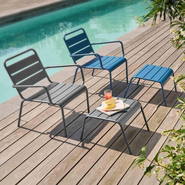 Lotto Di 2 Poltrone Relax Con Poggiapiedi Grigio E Blu Pacifico - Oviala Palavas-image
