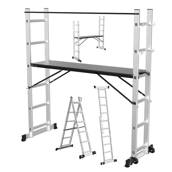 Ponteggio Da Lavoro Tolletour, Scala Multifunzionale 4 In 1 In Alluminio 6+6 Gradini, Scala Mobile Multiuso Con Piattaforma E 2 Ruote, Piattaforma Di Lavoro, Caricabile Fino A 150 Kg, Argento-image