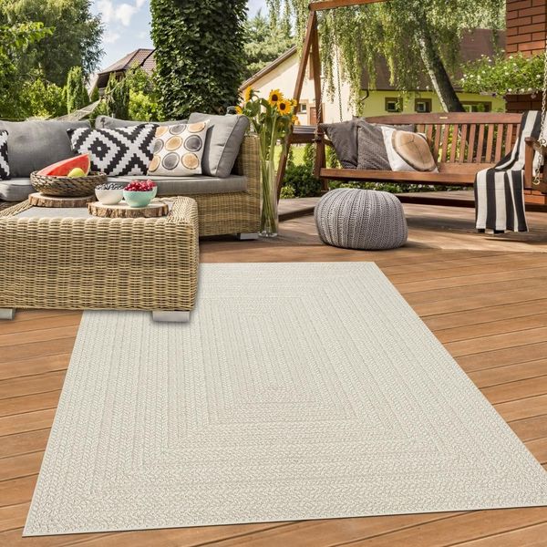 Tappeto Da Salotto Per Esterni Resistente Con Motivo A Linee Rettangolari In Color Crema Dimensioni - 200 X 290 Cm-image