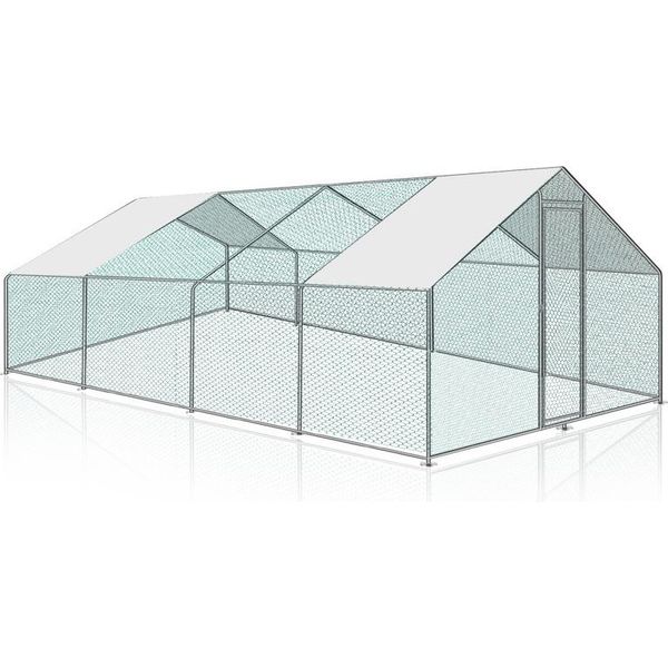 Jopassy Pollaio All'aperto Grande Casa Per Polli Tetto Recinto Ruspante Pollame Con Telaio In Acciaio Zincato Pe E Porta Con Serratura 3 X 8 X 2 M-image