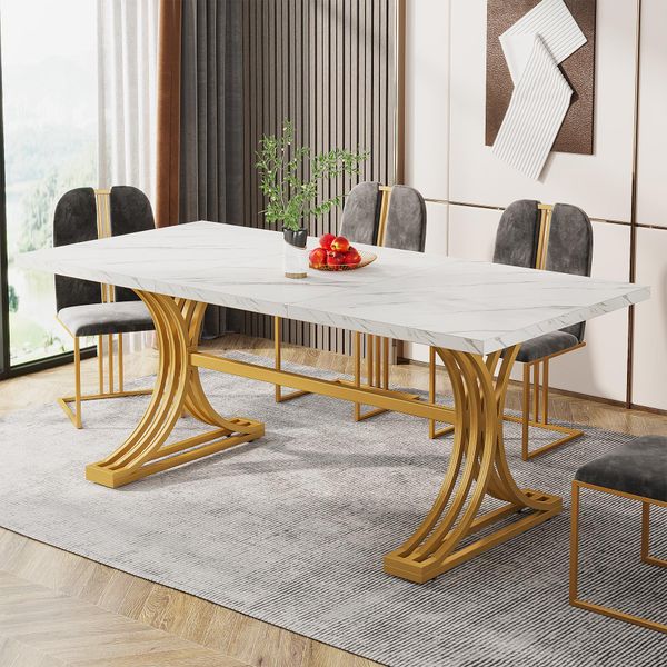 Tavolo Da Pranzo Tribesigns Per 4-6 Persone, 160 X 80 X 75 Cm Tavolo Da Cucina Moderno Con Piano In Finto Marmo Ed Eleganti Gambe In Metallo, Bianco-image