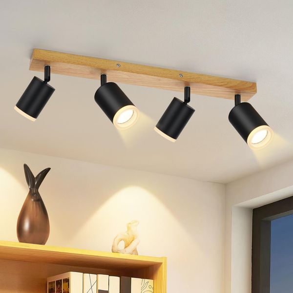 Zmh Faretto Da Soffitto 4 Fiamme Spot Da Soffitto Nero - Lampada Da Cucina Legno GU10 Faretto Da Parete 350° Rotante Faretto Da Cucina Vintage Spot Retro Industriale Per Soggiorno Camera Da Letto Corridoio (Senza Lampadine)-image
