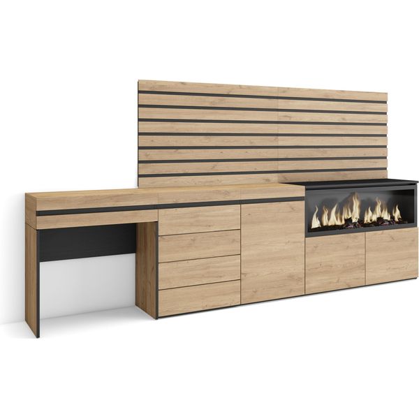 Tavolo Da Toeletta, 284X35X145Cm, Con Cassetto, Camino Elettrico Xxl, Cassettiera, Pannelli Decorativi, Rovere-image