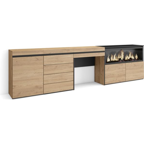 Tavolo Da Toeletta, 284X35X75Cm, Con Cassetto, Camino Elettrico Xxl, Cassettiera, Rovere-image