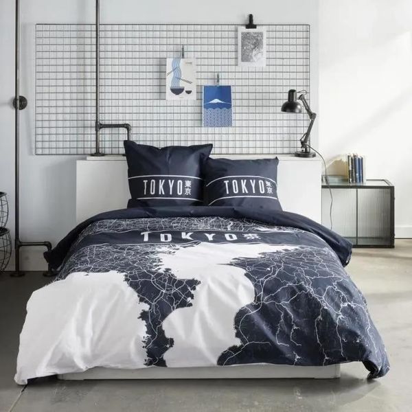 Set Di Biancheria Da Letto - Oggi - Java - Misura Del Letto Matrimoniale - 240 X 220 Cm - Cotone - Motivo Tokyo - Blu Scuro-image