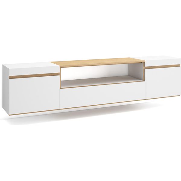 Mobile Tv Soggiorno, 200X35X45Cm, Per Tv Fino A 80", Sospeso, Da Appendere, Bianco E Rovere Soft"-image