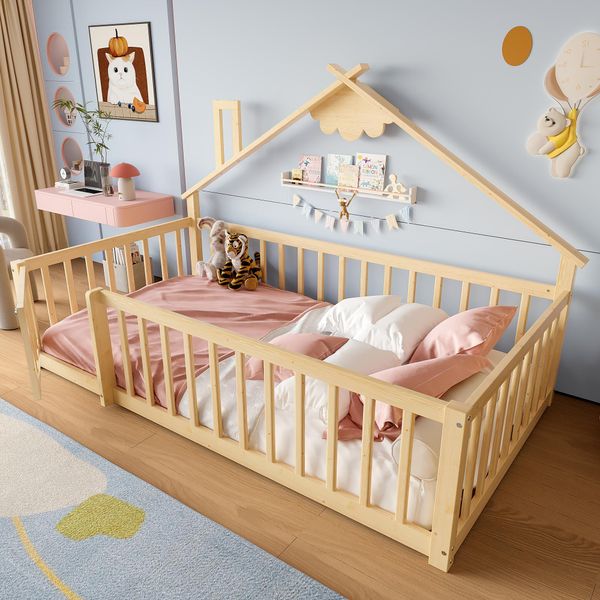 Letto Per Bambini Flieks 90X190Cm Con Protezione Anticaduta, Letto A Terra Letto Singolo Con Rete A Doghe, Letto Per Bambini Con Porta, Letto Classico Per Bambini-image