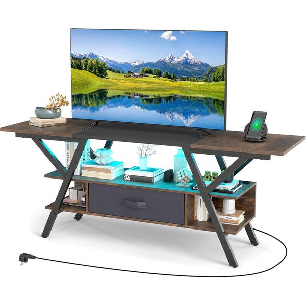 Porta Tv Costway, Pannello Basso Per Tv Da 65 Pollici, Consolle A 3 Livelli Con Luci Led, Prese Di Corrente, Vani Portaoggetti E Cassetto In Tessuto, Marrone-image
