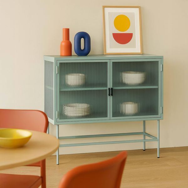 Credenza Moderna A 2 Ante Da 110 Cm In Metallo E Vetro Verde Salvia - Oviala Groovy-image