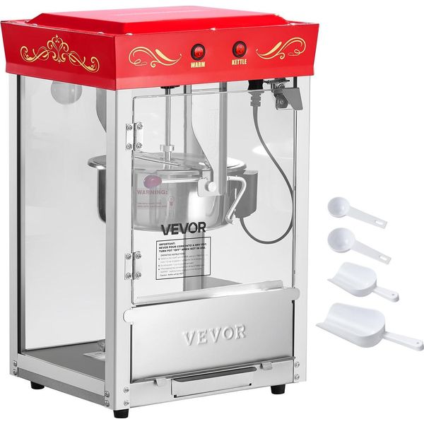 Macchina Per Popcorn Vevor Con Bollitore In Acciaio Inox, Macchina Per Popcorn Commerciale Da 800 W, 48 Tazze Per Carico, Stile Cinema, Con Funzionamento A 2 Pulsanti, Parete In Vetro, Porta Pc, 1 Porzionatore, 3 Cucchiai, Rosso-image