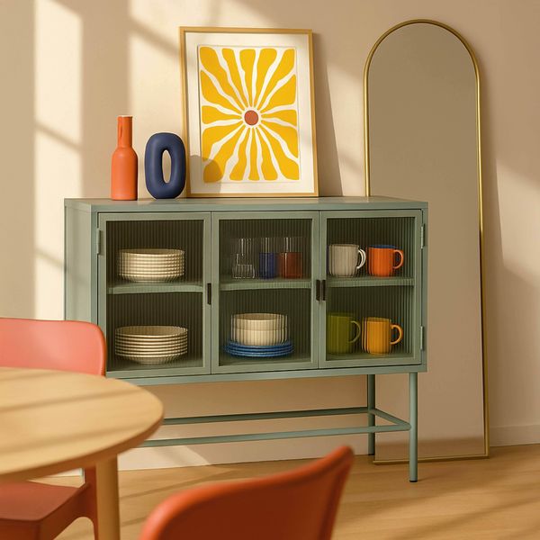 Credenza Moderna A 3 Ante Da 120 Cm In Metallo E Vetro Verde Salvia - Oviala Groovy-image