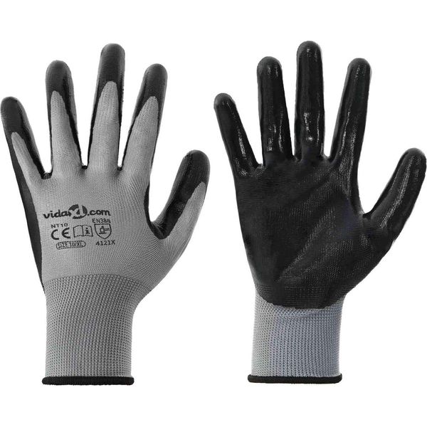 Vidaxl Guanti Da Lavoro 12 Pezzi Grigio E Nero 10 / Xl Poliestere-image
