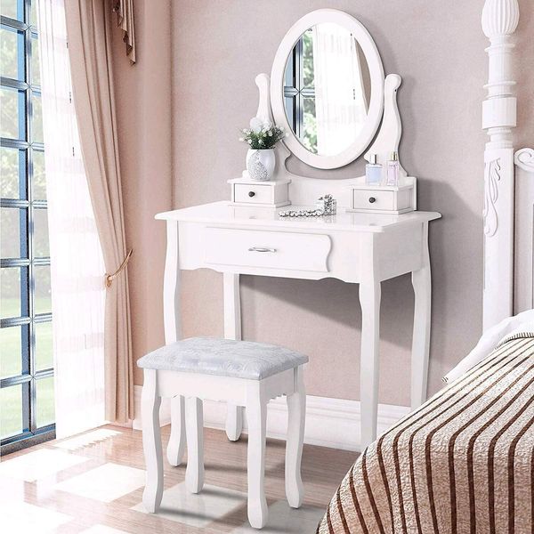Tavolino Da Toilette, Con Sgabello, 1 Specchio, Specchio Girevole E 3 Cassetti, Ideale Per Bambini E Adulti, Bianco-image