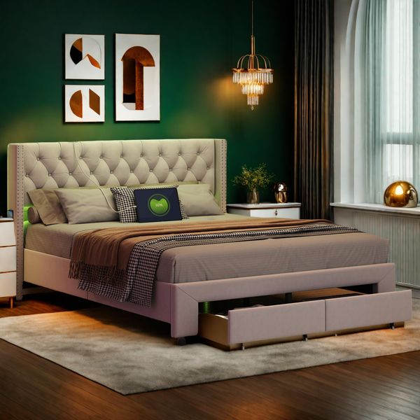 Letto Borchiato Proximax 140×190 Cm - Letto Imbottito In Velluto Con Testata A Led E Usb, Tasche Laterali - Cassetto Alla Pediera - Ideale Per Camere Da Letto, Beige-image