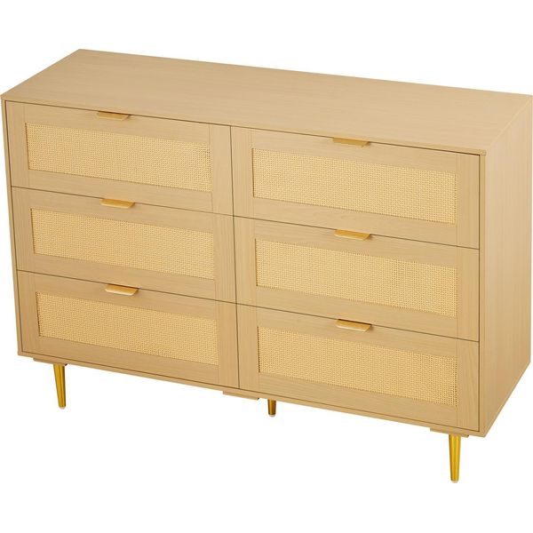 Succebuy Cassettiera In Rattan Con 6 Cassetti, Maniglie E Gambe In Metallo, Mobile Moderno Per Camera Da Letto, Soggiorno E Corridoio (120 X 39,5 X 85,4 Cm) Armadio-image