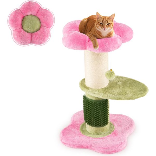 Costway Tiragraffi Piccolo, 69 Cm, Albero Per Gatti Con Seduta In Peluche, Tiragraffi In Sisal, Spazzola E Pallina Autopulente, Albero Da Arrampicata, Arredamento Per Gatti Rosa-image