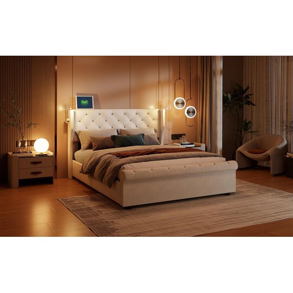 Letto Matrimoniale A Pressione Proximax 140×190 Cm Con Rivestimento In Velluto - Letto Imbottito Con Illuminazione Della Testata E Contenitore Per Camere Da Letto, Beige-image