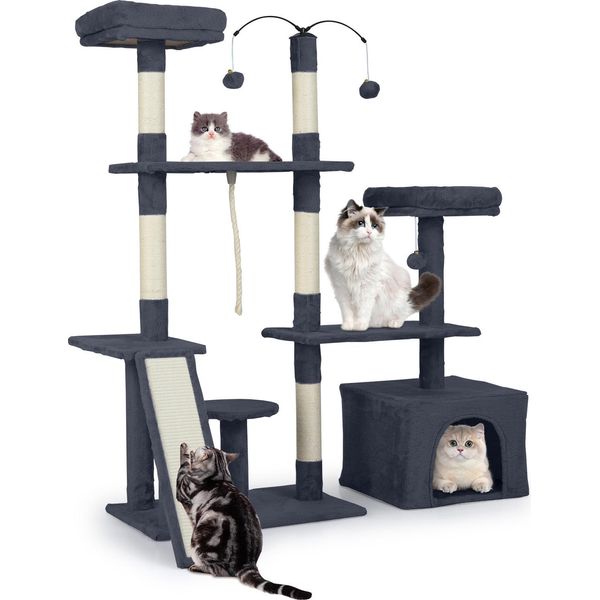 Costway 136 Cm Tiragraffi, Albero Per Gatti Con Grotta Per Gatti, Rampa, 2 Aree Per Sdraiarsi, Corda, Palla E Colonne In Sisal, Tiragraffi Per Gatti, Albero Per Arrampicarsi (Grigio Scuro)-image