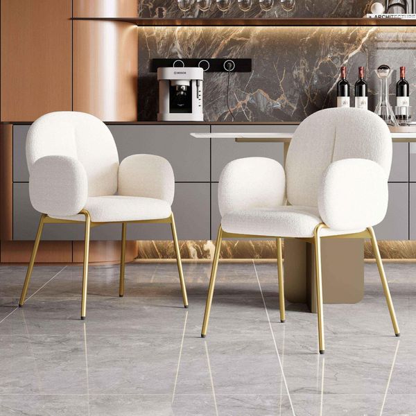 Set Di 2 Sedie Da Sala Da Pranzo Merax Con Gambe Color Oro, Bracciolo, Sedia Da Sala Da Pranzo, Sedia Imbottita Teddy, Sedie Da Cucina, Sedia Lounge, Sedia Da Toilette, Beige-image