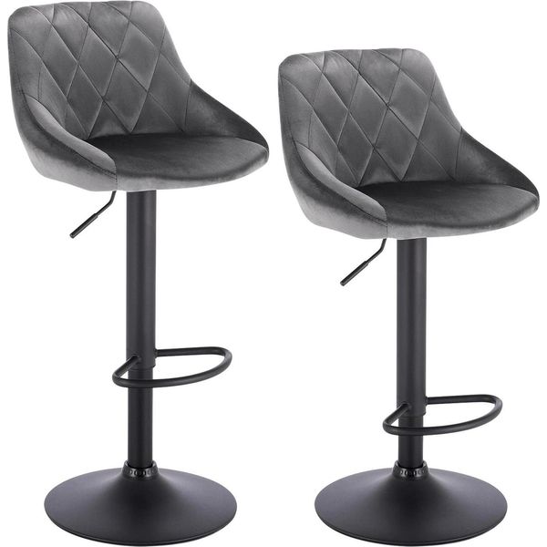 Sgabello Da Bar In Velluto - Set Di 2 Sgabelli Da Bar Girevoli - 360° - Altezza Regolabile 84-106 Cm - Poggiapiedi - Base Cromata Ø38,5 Cm - Portata Fino A 100 Kg - Grigio Scuro-image