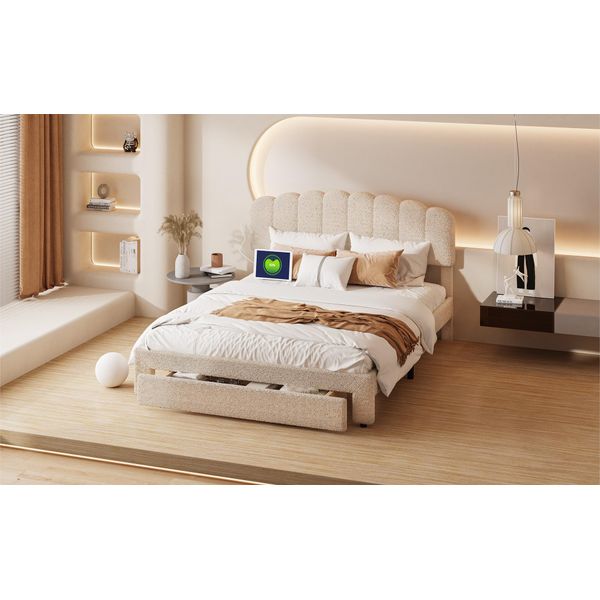 Letto Matrimoniale Proximax 140×200 Cm - Morbido Tessuto Teddy Con Testata Usb - Cassetto Alla Pediera - Letto Confortevole Per Camera Da Letto O Stanza Degli Ospiti, Beige-image