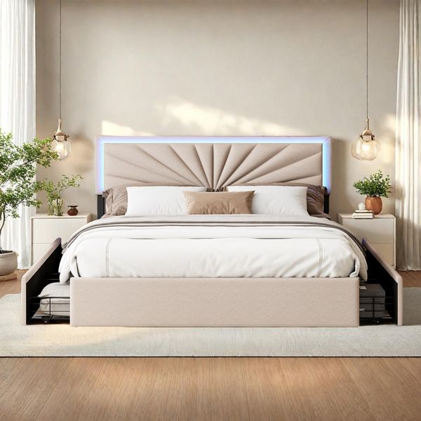 Letto Imbottito Proximax 160×200 Cm Con Testiera A Led - Letto In Tessuto Con 4 Cassetti Per Camera Da Letto O Camera Degli Ospiti, Beige-image