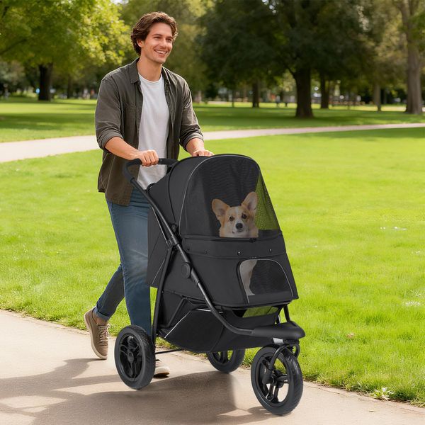 Costway Passeggino Pieghevole Per Cani, Passeggino Per Cani Fino A 25 Kg, Passeggino Per Gatti A 3 Ruote, Passeggino Per Animali Domestici Con Tettuccio Parasole Regolabile, Finestra A Rete, Cestino E Cuscino, Nero-image